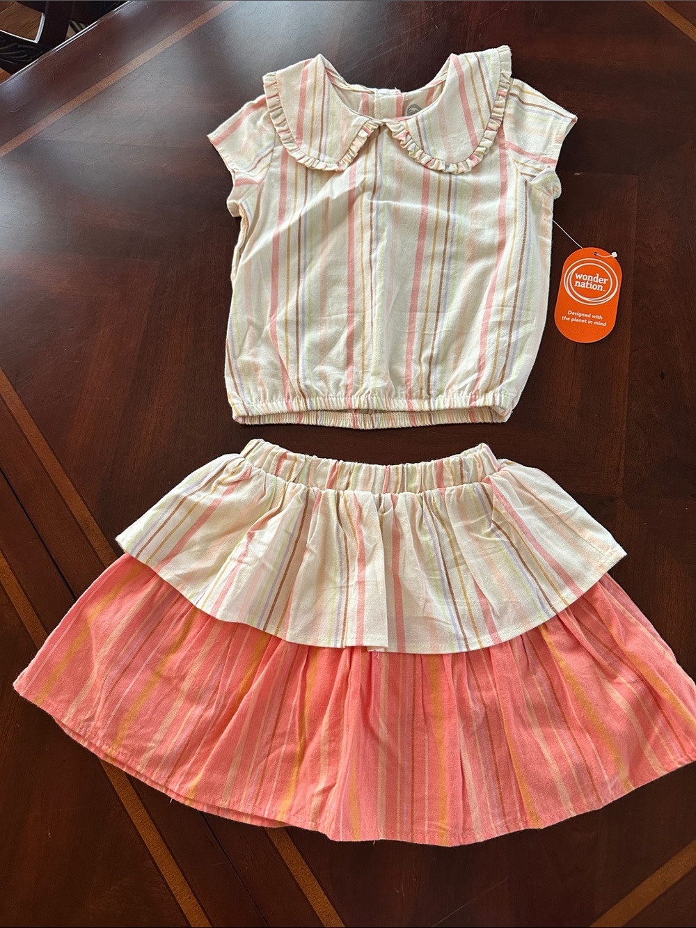 wonder nation Peach & Cream Striped Ruffle Collar Two-Piece Set